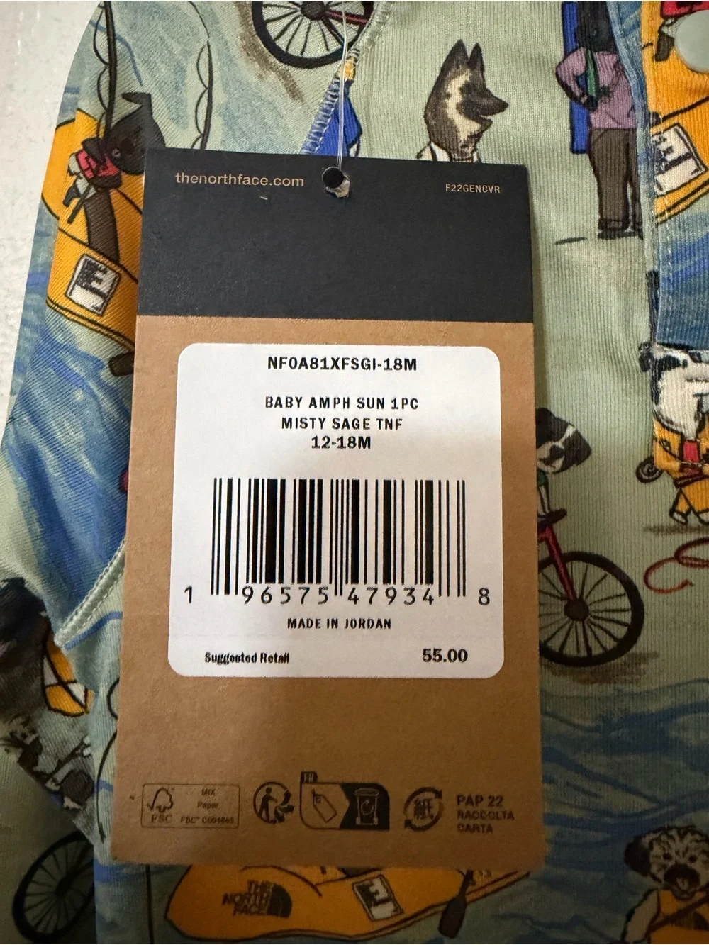 The North Face Baby Amphibious Sun One Piece Misty Sage TNF Design Dogs Print